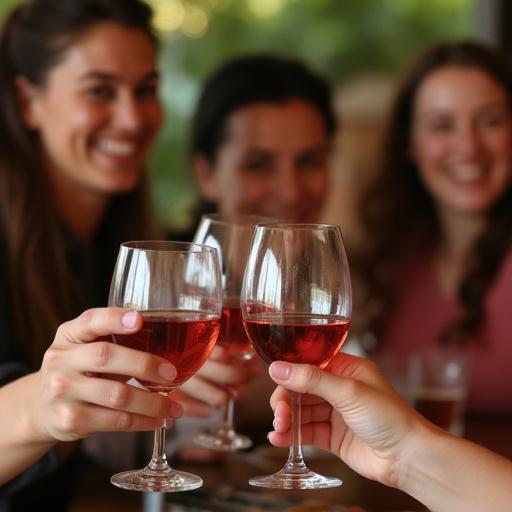 Un gruppo di ospiti sorridenti brinda con bicchieri di vino.